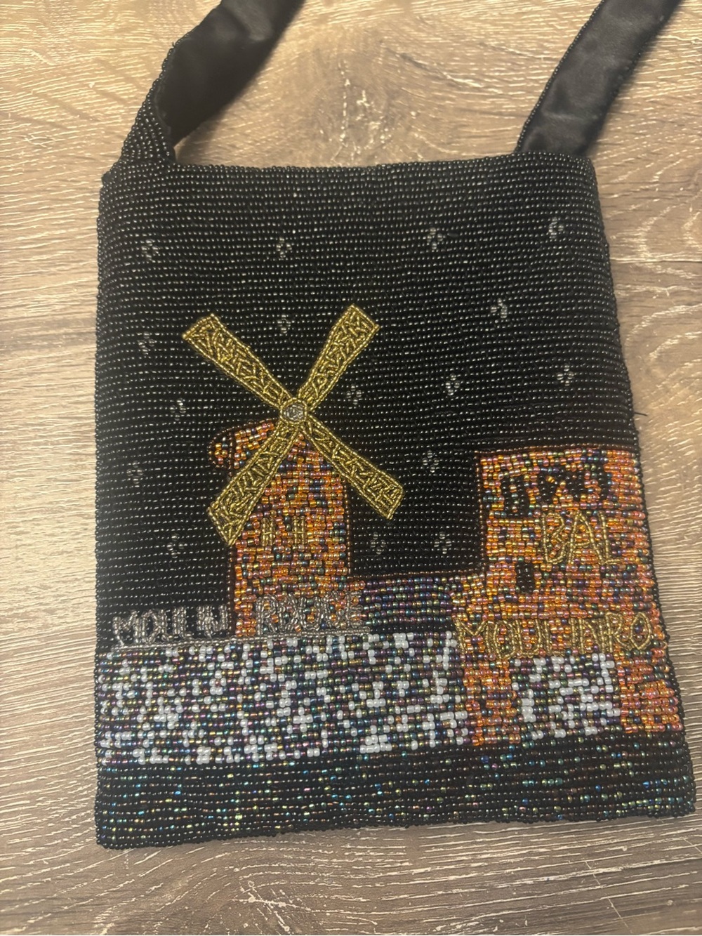 Y&S Black Beaded Moulin Rouge Mini Crossbody Bag with Gold Windmill Accent